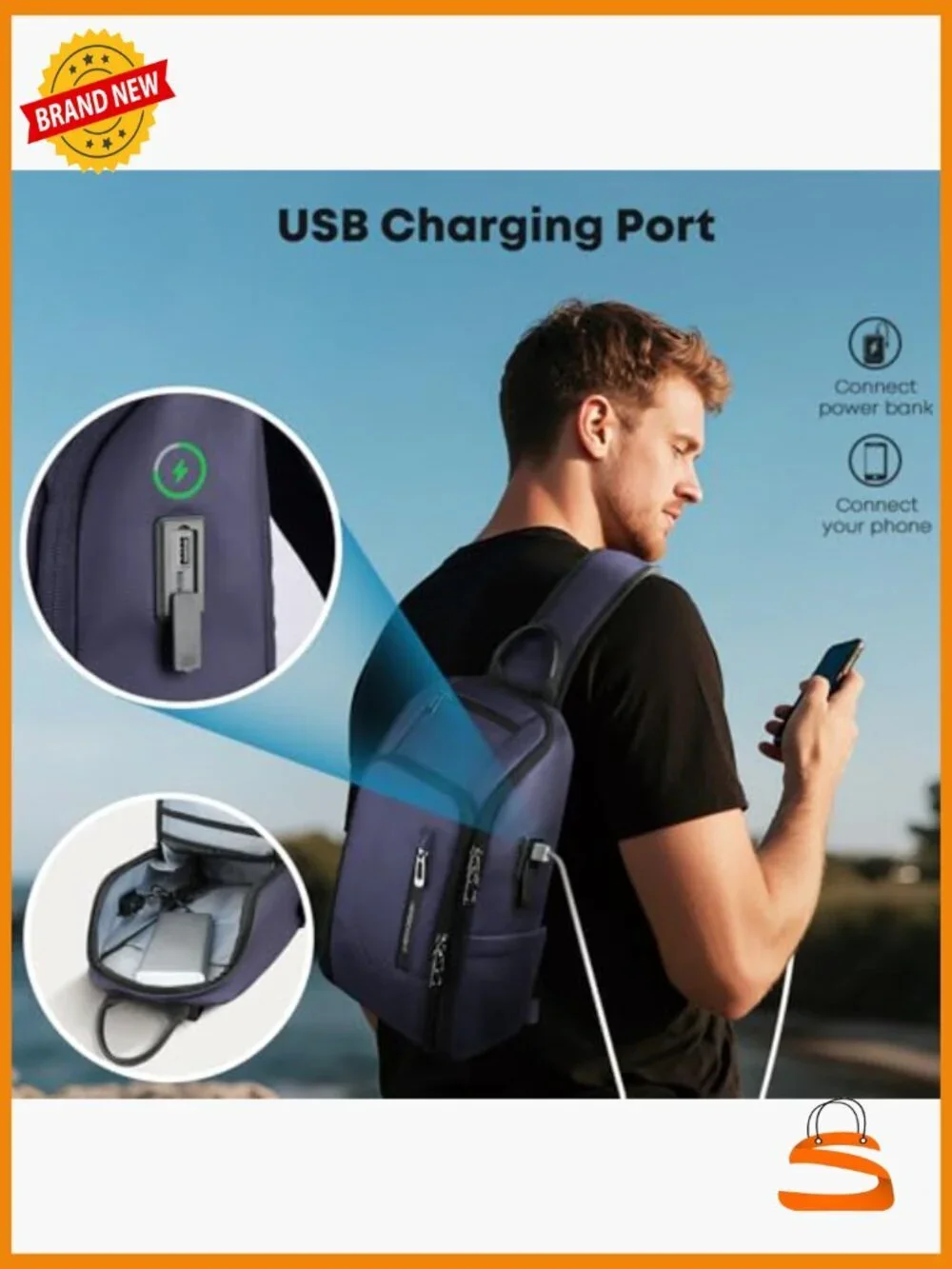 Waterproof Sling Crossbody Backpack with USB Charging Port, Anti Theft Daypack